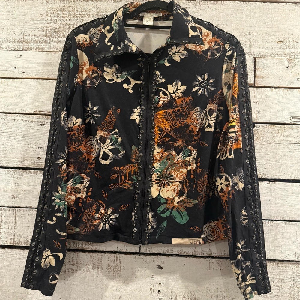 Alberto Makali Full Zip Shirt Womens L Taupe Floral Metal Studs Boho Edgy Artsy
